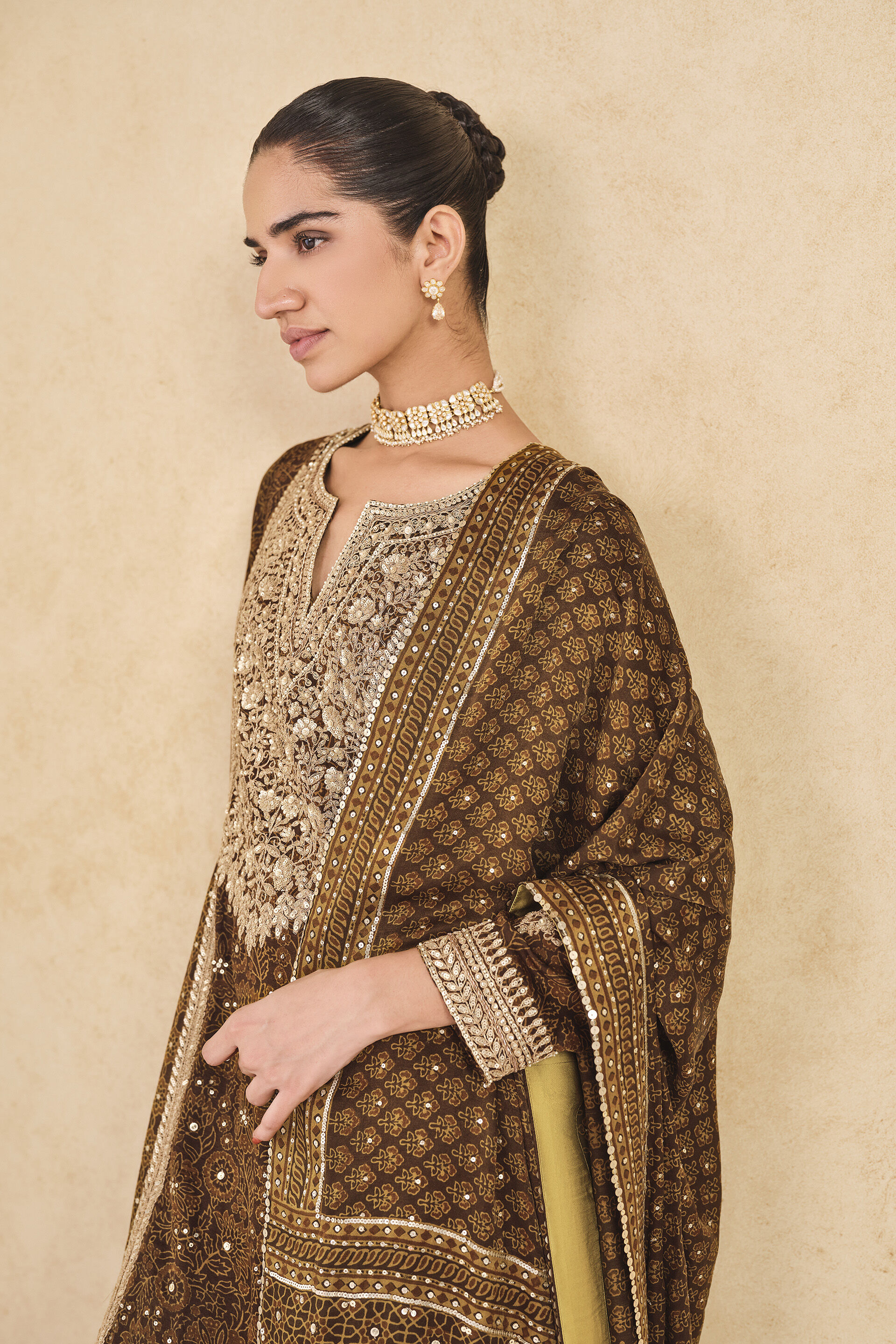 Marfa Ajrakh Hand-block Printed Silk Suit Set - Olive, Olive, image 5